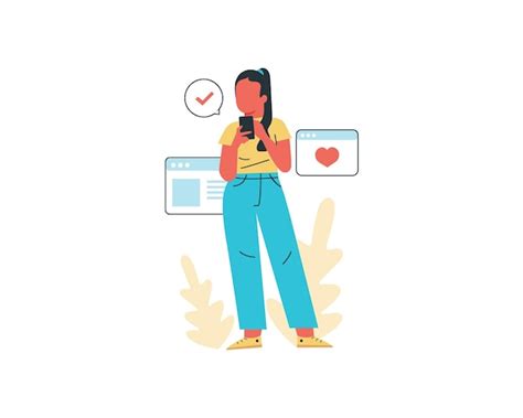 Mujer Joven Con Teléfono Móvil Y Aplicación De Citas En Línea Ilustración Vectorial Plana