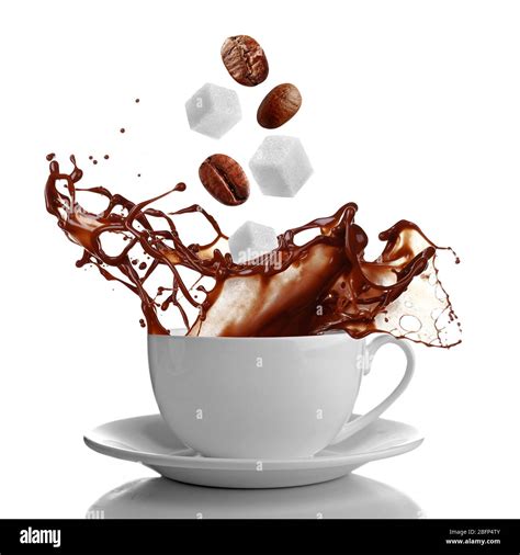 Ceramic Cup With Splashing Coffee Isolated On White Stock Photo Alamy