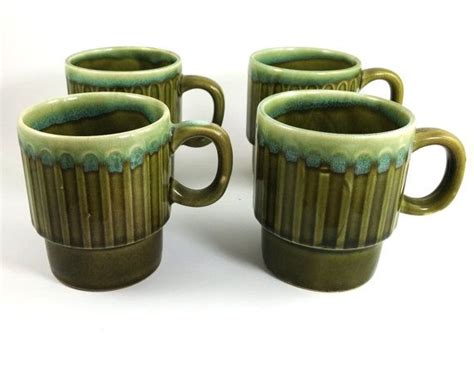 Sale Vintage 1970s Ceramic Olive Green Stacking Mugs Japan Etsy Mugs Ceramics Simple Storage