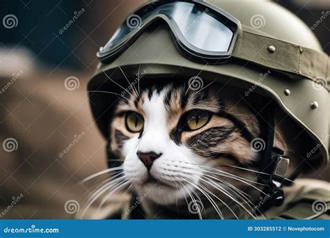 Cat Soldier Cat In Military Uniform At War Military Cat In A Helmet