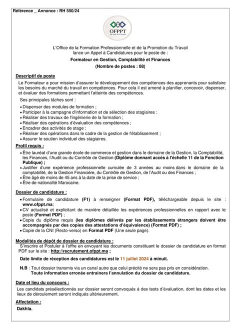 Concours De Recrutement OFPPT 2024 8 Formateurs En Gestion