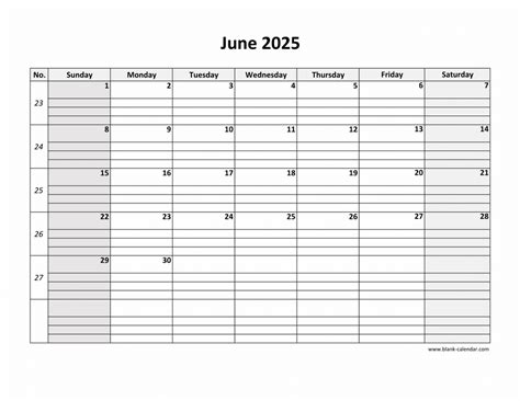 Free Download Printable June 2025 Calendar, large box grid, space for notes