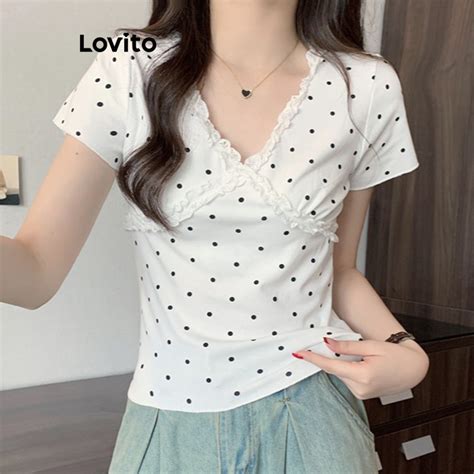 Lovito Casual Plain Structure Line Lace T Shirt For Women Lne