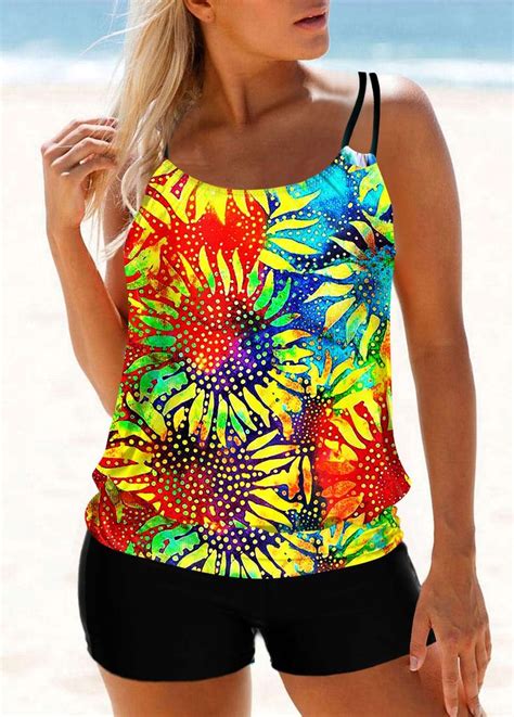 Multi Color Sunflower And Tie Dye Print Tankini Top Usd