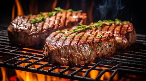 Premium Photo Two Juicy Beef Steaks Sizzling On A Flaming Hot Grill Grate