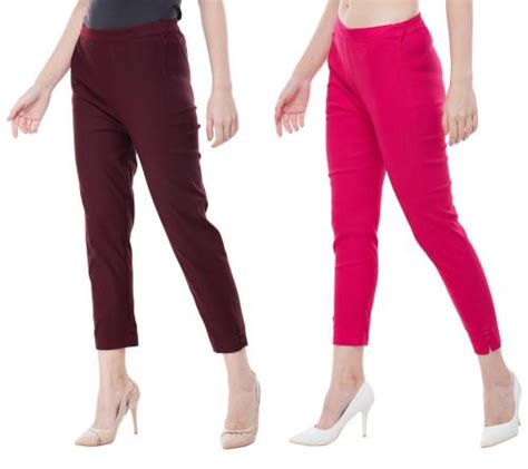 Buy Preego Women Brown And Rani Pink Solid Cotton Blend Trouser Online At Best Prices In India