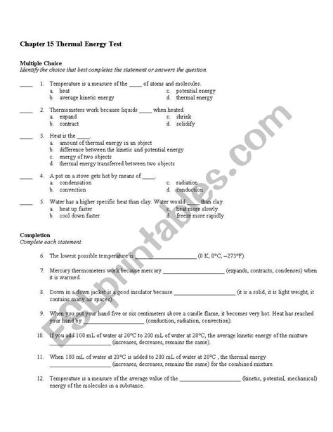 English Worksheets Thermal Energy Test