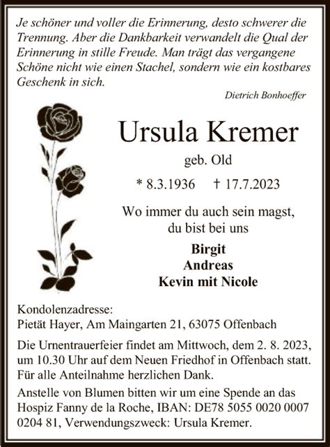 Traueranzeigen Von Ursula Kremer Trauer Op Online De