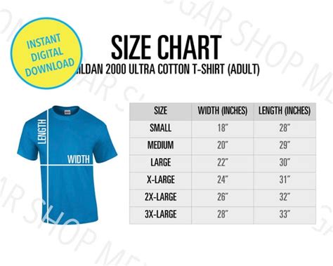 Gildan 2000 Size Chart Gildan Size Chart Gildan Unisex Etsy