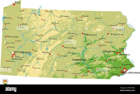 Mapa físico altamente detallado de Pennsylvania en formato vectorial