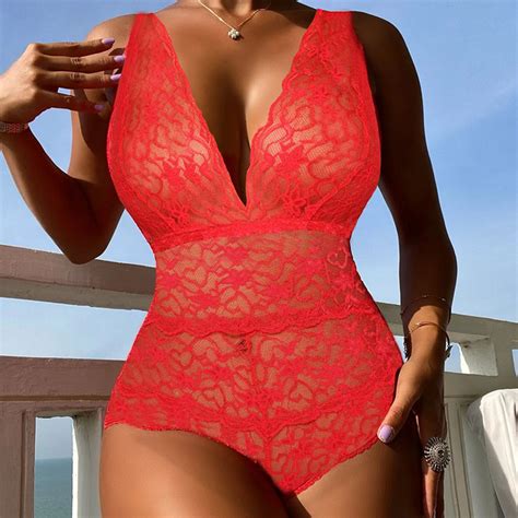 Sexy Red Plunging Neckline See Through Lace Cut Out Bodysuit Teddies