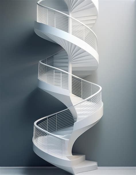 A Modern White Spiral Staircase Against A Gray Wall Premium AI