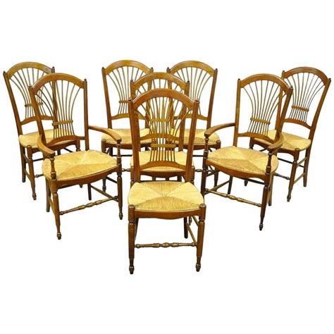 Set Of Eight Cherrywood Wheat Sheaf Back Rush Seat Chairs French