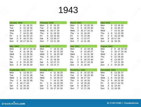 Year 1943 Calendar in English Stock Illustration - Illustration of ...