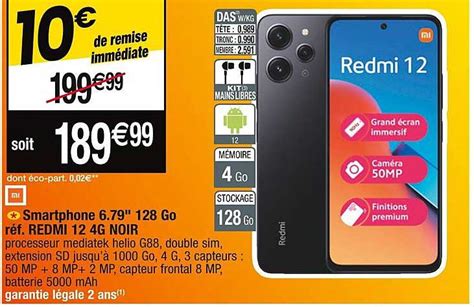 Promo Smartphone 6 79 128 Go Réf Redmi 12 4g Noir chez Cora