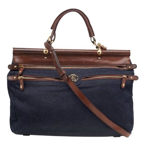 Roberto Cavalli Navy Blue Brown Denim And Leather Top Handle Bag