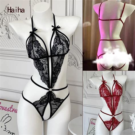 Haiha Sexy Lingerie Panty For Woman Lace Temptation Sling Open Crotch Jumpsuit Pajamas Shopee