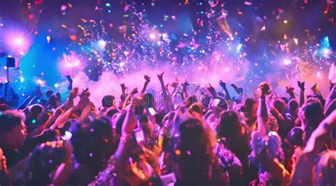 Nighttime Concert Crowd Celebrating With Confetti And Lights Stock