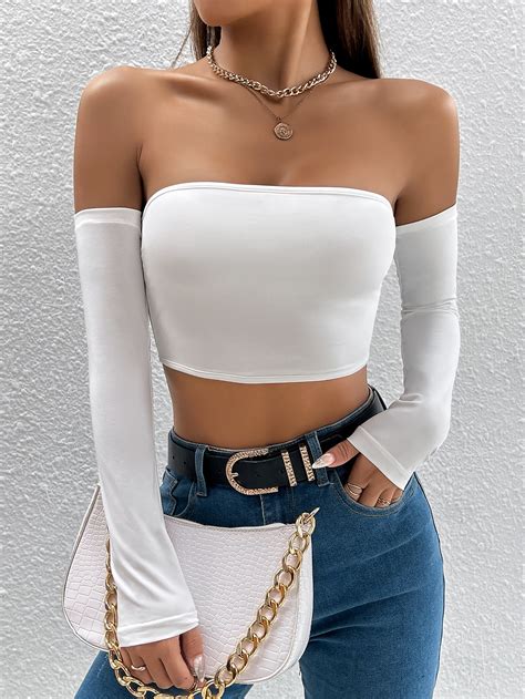 Shein Petite Top Corto Unicolor De Hombros Descubiertos