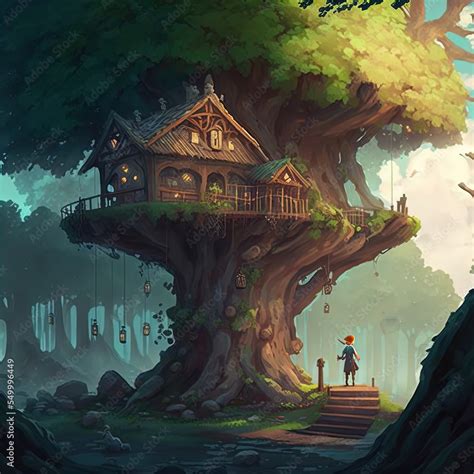 Fantasy Treehouse Dwelling Of Magical Creatures Like Elves Gnomes