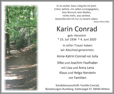 Traueranzeigen Von Karin Conrad Trauer In Nrw De