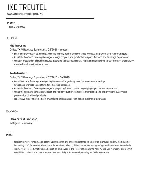 Beverage Supervisor Resume Samples Velvet Jobs