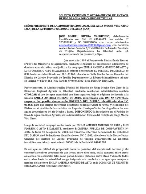 Solicito Extincion Y Otorgamiento De Licencia De Uso De Agua Por Cambio De Titular 01 Pdf