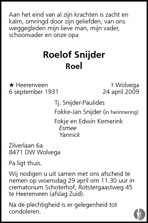 Roelof Roel Snijder 24 04 2009 Overlijdensbericht En Condoleances