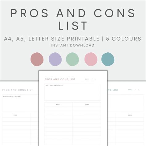 Pros and Cons List Printable, List Template, Planner Insert Printable, Life Planner Printable ...