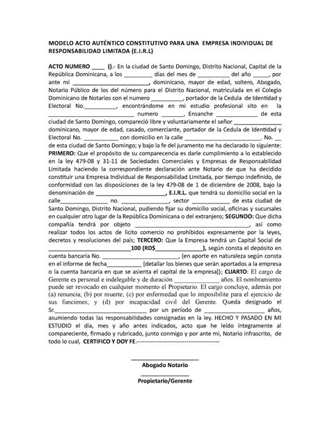 Acto Autentico Constitutivo Para E I R Modelo Acto Aut Ntico