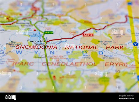 Snowdonia National Park And Surrounding Areas Shown On A Road Map Or