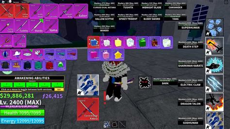 Blox Fruit Lv.2400 MAX | Fully Awakened Dark |Cursed Dual Katana GODGUMAN 600 MAX | unverified