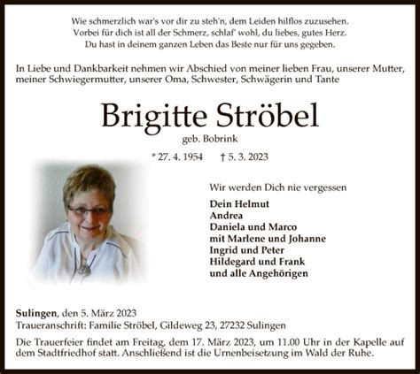 Traueranzeigen von Brigitte Ströbel trauer kreiszeitung de