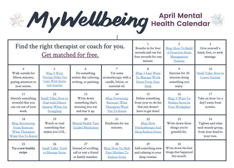 Mental Health Calendars MyWellbeing