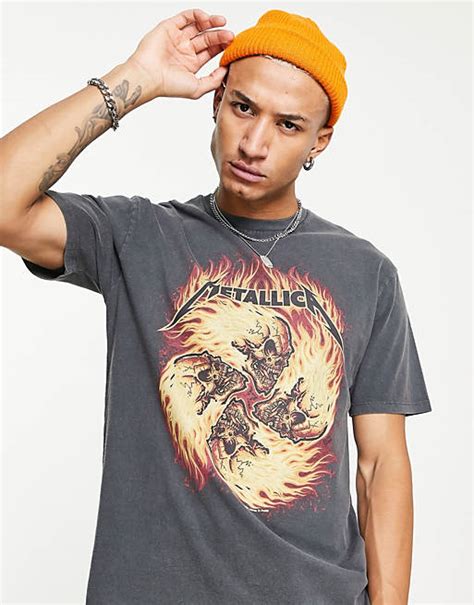 Topman Oversized Fit T Shirt With Metallica Fire Swirl Print In Washed Black Asos