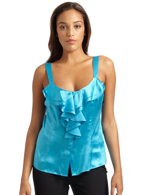 Lyst Lafayette 148 New York Dasha Silk Satin Ruffle Tank Top In Blue