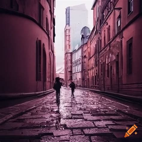 Urban Photography Of A Rainy Alley With Umbrellas On Craiyon