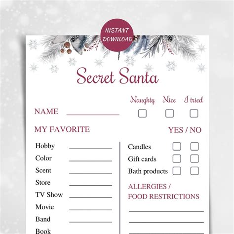 Printable Secret Santa Questionnaire 5x7 Work Secret Santa Info Cards