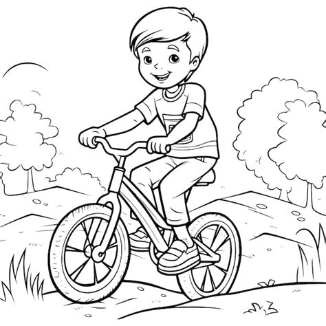 Página para colorear de niño montando en bicicleta para niños Vector