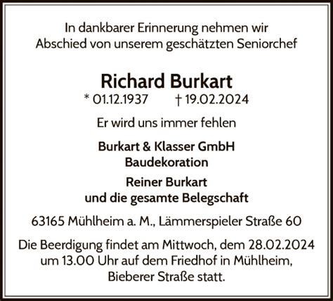 Traueranzeigen Von Richard Burkart Trauer Op Online De