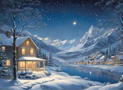 Premium Photo Winter Landscape Village With Falling Christmas Snow