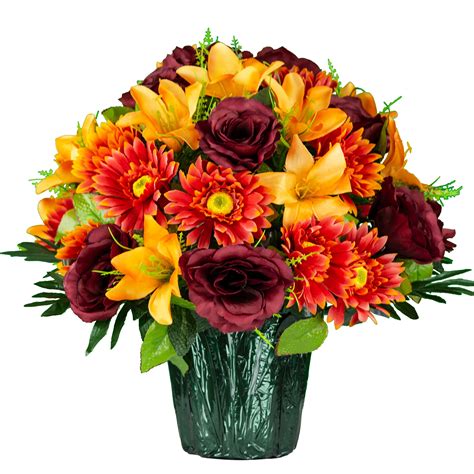 Sympathy Silks Artificial Autumn Rose Lily Daisy Arrangement Weighted