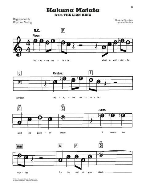 Elton John Hakuna Matata From Disneys The Lion King Sheet Music