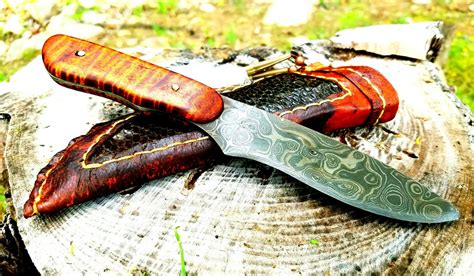 Curly Maple And Damascus Knife With Deer Hide And Beaver Tail Sheath By