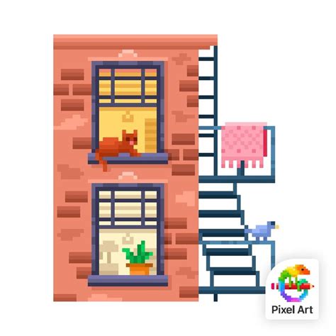 A Pixel Art House With A Cat Sitting On The Window Sill Next To It