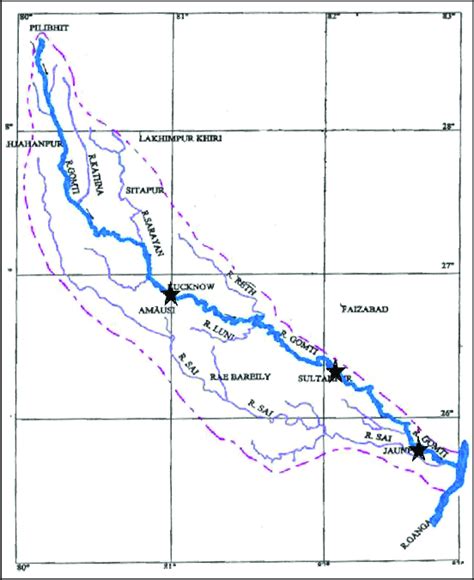 Drainage map of river Gomti showing sampling locations | Download ...