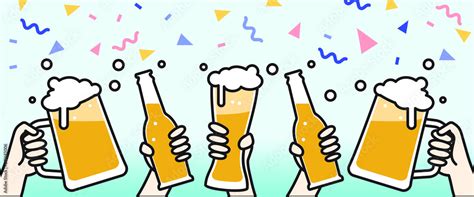 Beer party concept in horizonal outline cartoon, people holding beer with confetti background ...