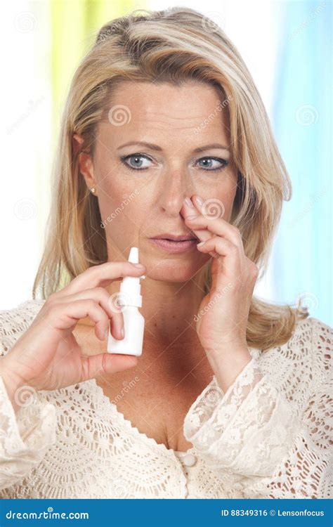 Woman Applies Nasal Spray Stock Photo Image Of Spray 88349316