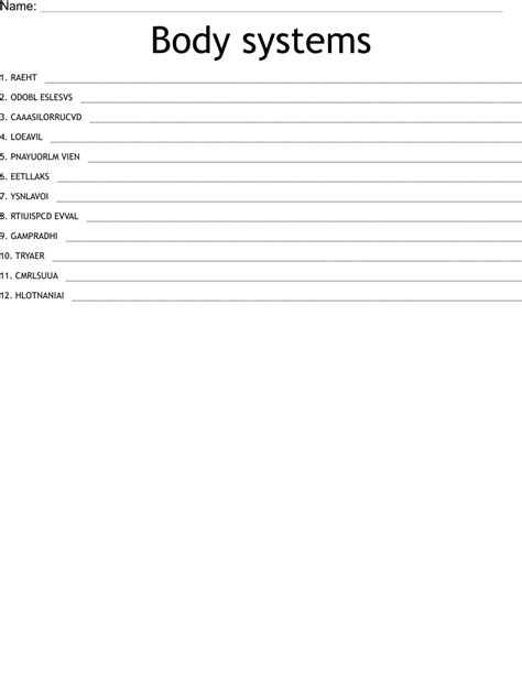 Body Systems Word Scramble Wordmint