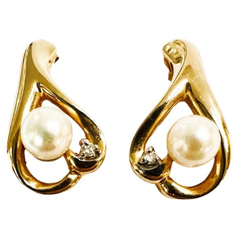 Vintage 14K Yellow Gold Pearl And Diamond Post Earrings For Sale At 1stDibs